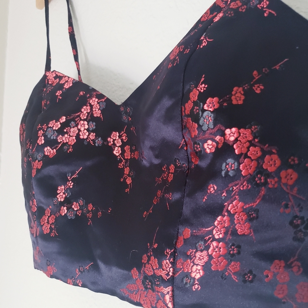 Fun Black Crop Top with Red Floral Designs